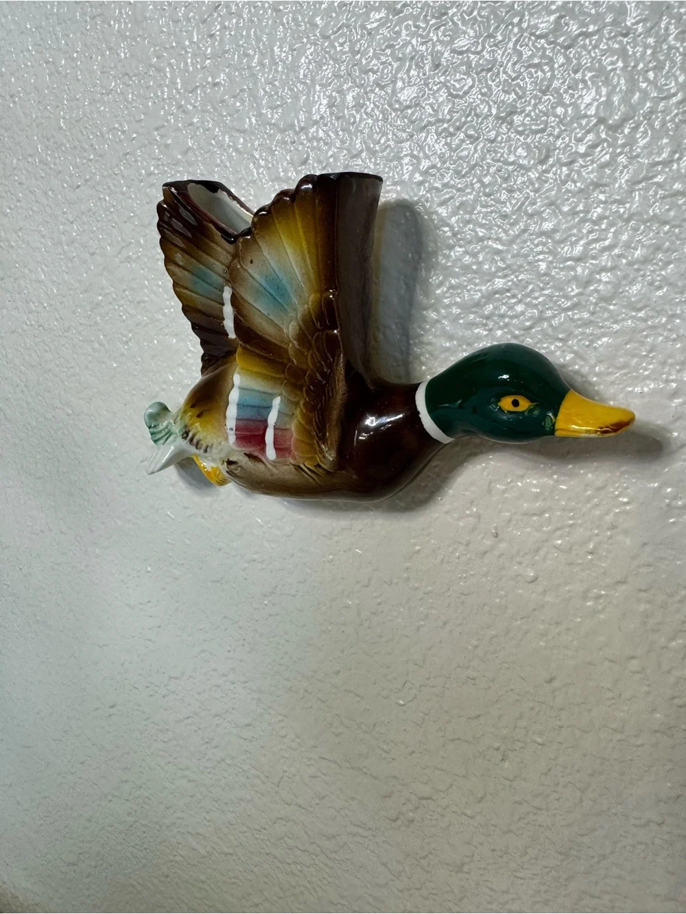 Vintage Hand-Painted Flying Mallard Wall Pocket Decor - Green/Brown